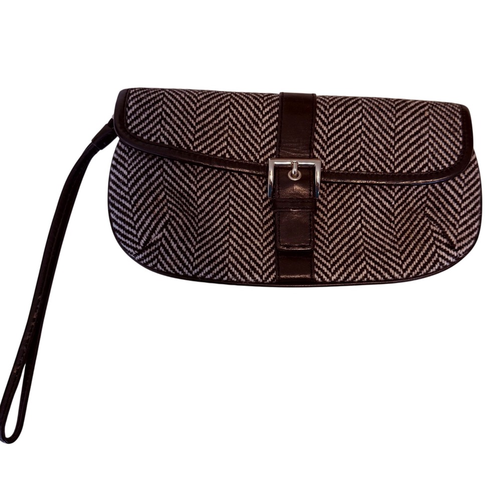 Banana Republic Clutch Black Herringbone Wool Blend Leather Trim Wristlet Bag‎